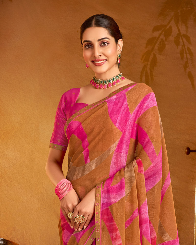 Vishal Prints Ruddy Brown Printed Patterned Chiffon Saree With Fancy Border