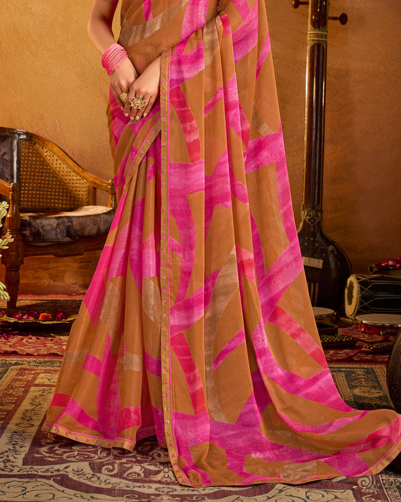 Vishal Prints Ruddy Brown Printed Patterned Chiffon Saree With Fancy Border