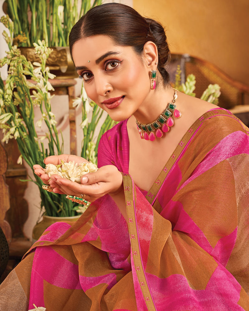Vishal Prints Ruddy Brown Printed Patterned Chiffon Saree With Fancy Border