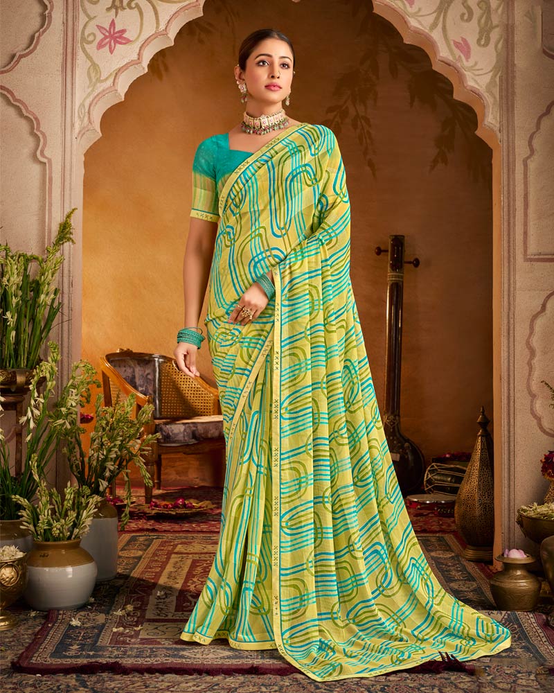 Vishal Prints Light Yellow Printed Patterned Chiffon Saree With Fancy Border