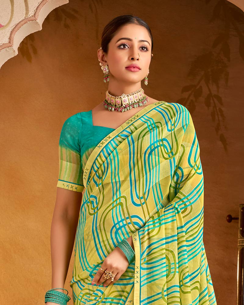 Vishal Prints Light Yellow Printed Patterned Chiffon Saree With Fancy Border