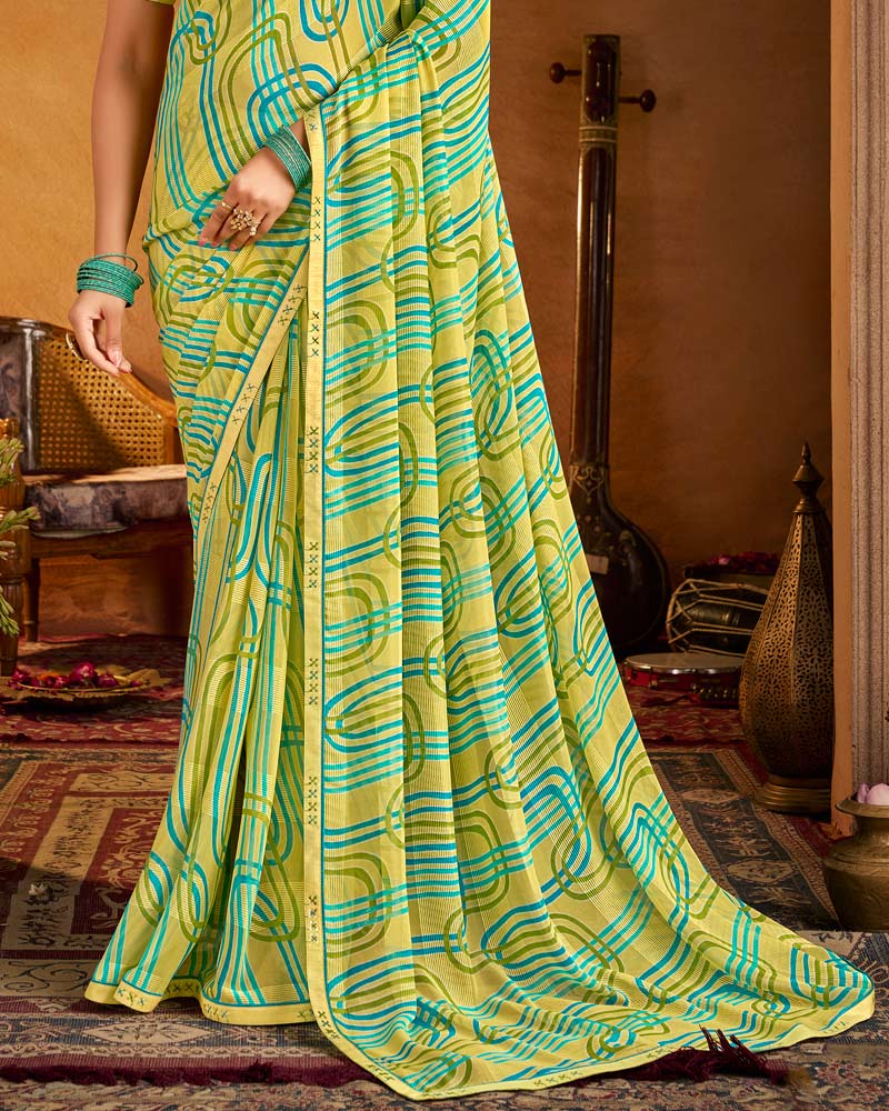 Vishal Prints Light Yellow Printed Patterned Chiffon Saree With Fancy Border