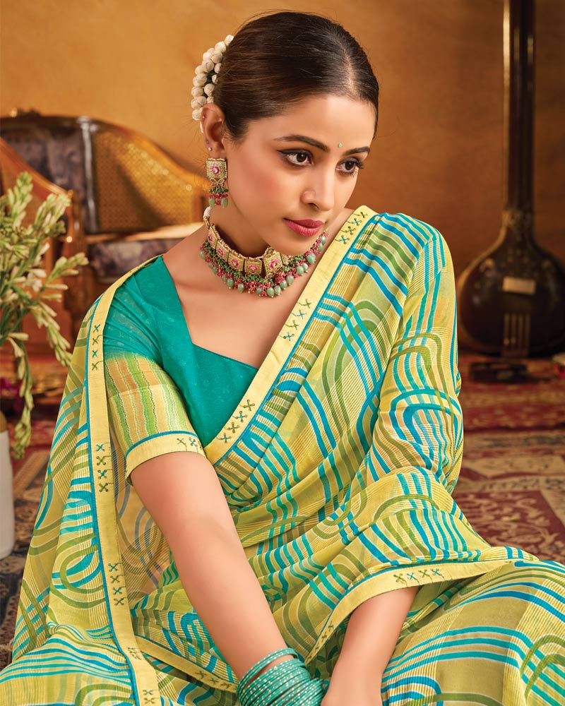 Vishal Prints Light Yellow Printed Patterned Chiffon Saree With Fancy Border
