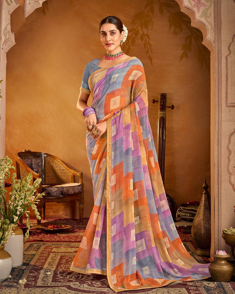 Vishal Prints Multicolor Printed Patterned Chiffon Saree With Fancy Border