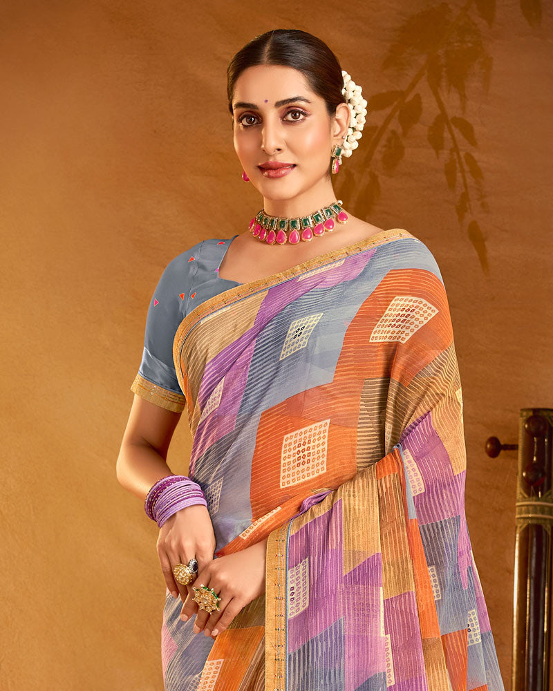 Vishal Prints Multicolor Printed Patterned Chiffon Saree With Fancy Border