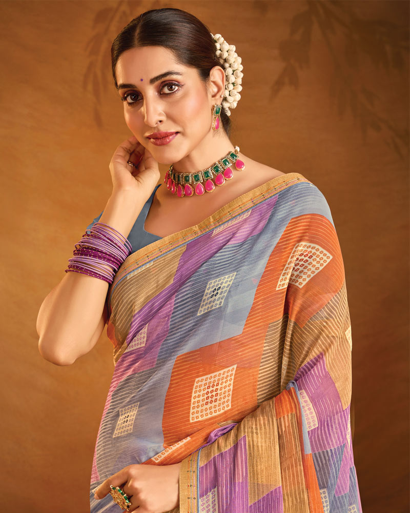Vishal Prints Multicolor Printed Patterned Chiffon Saree With Fancy Border