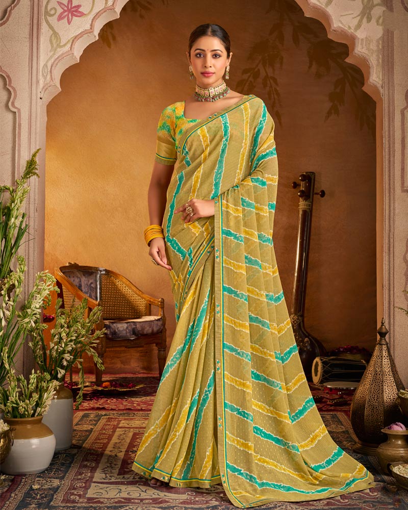Vishal Prints Sandy Brown Printed Patterned Chiffon Saree With Fancy Border