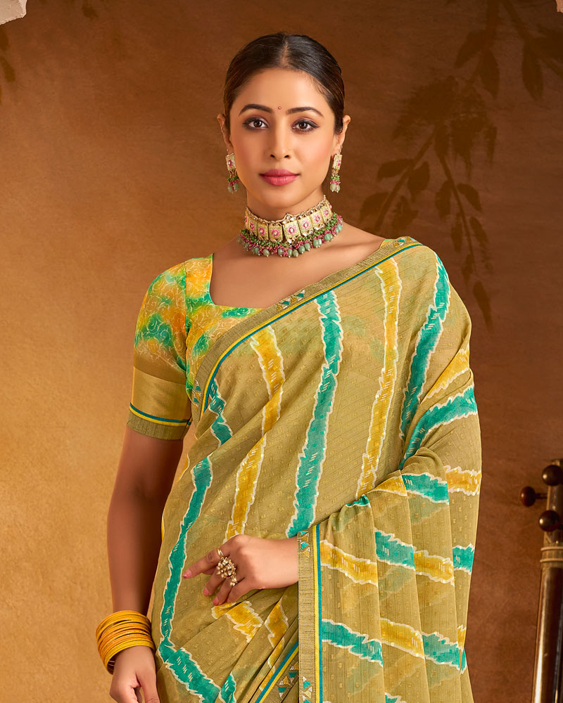 Vishal Prints Sandy Brown Printed Patterned Chiffon Saree With Fancy Border