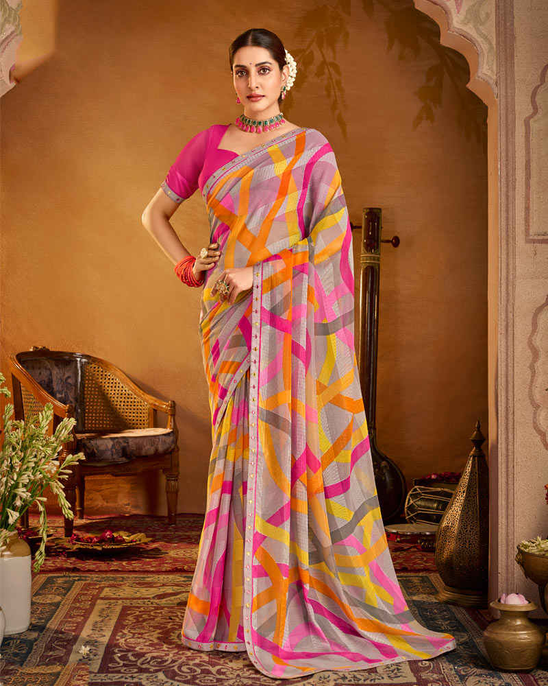Vishal Prints Multicolor Printed Patterned Chiffon Saree With Fancy Border