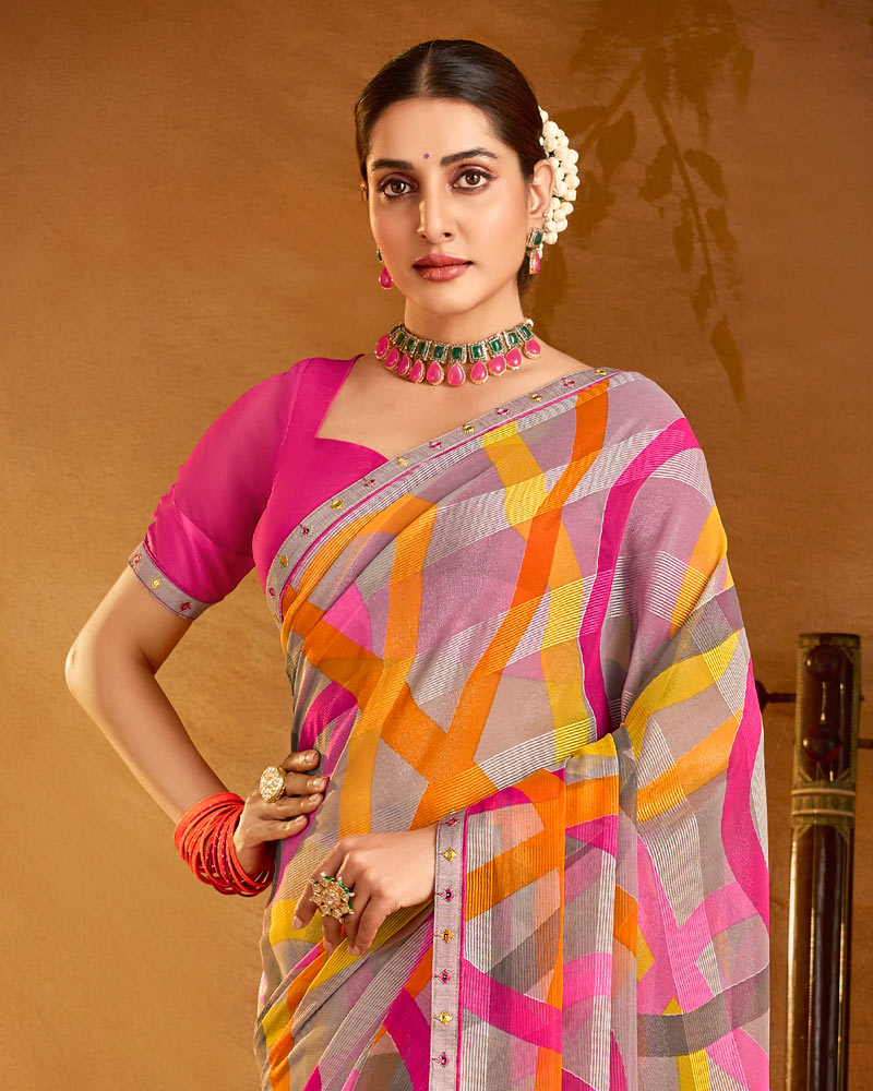 Vishal Prints Multicolor Printed Patterned Chiffon Saree With Fancy Border
