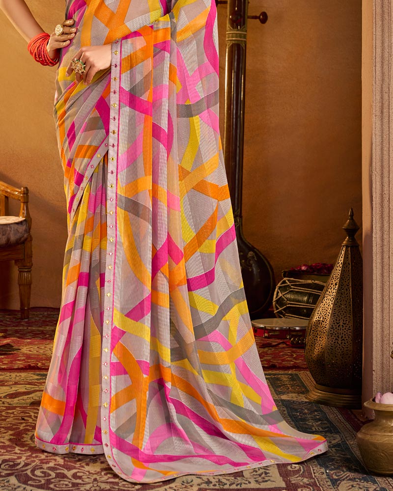 Vishal Prints Multicolor Printed Patterned Chiffon Saree With Fancy Border