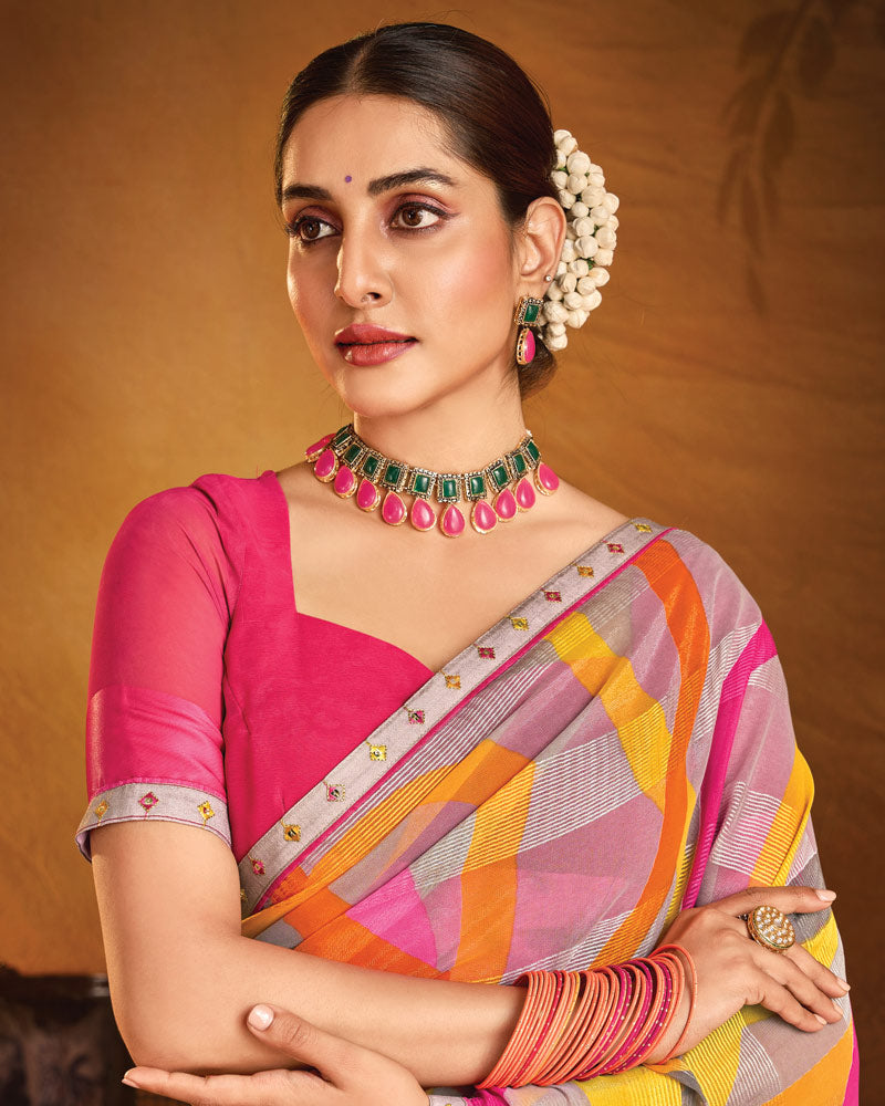 Vishal Prints Multicolor Printed Patterned Chiffon Saree With Fancy Border