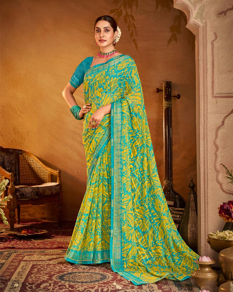 Vishal Prints Golden Yellow Printed Patterned Chiffon Saree With Fancy Border