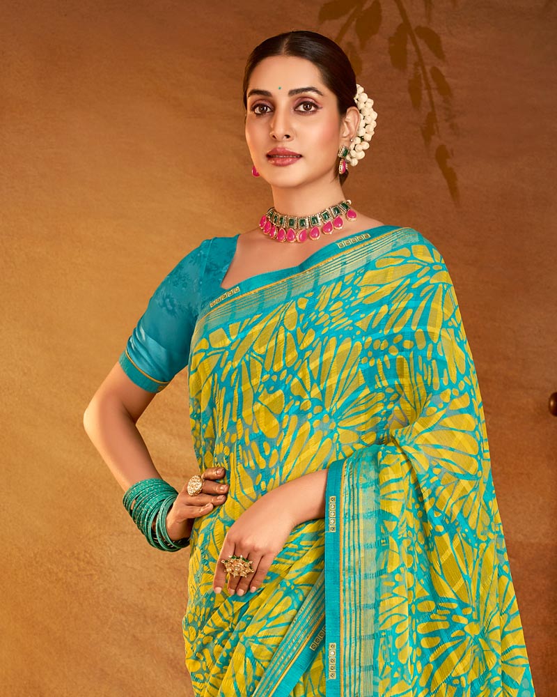 Vishal Prints Golden Yellow Printed Patterned Chiffon Saree With Fancy Border