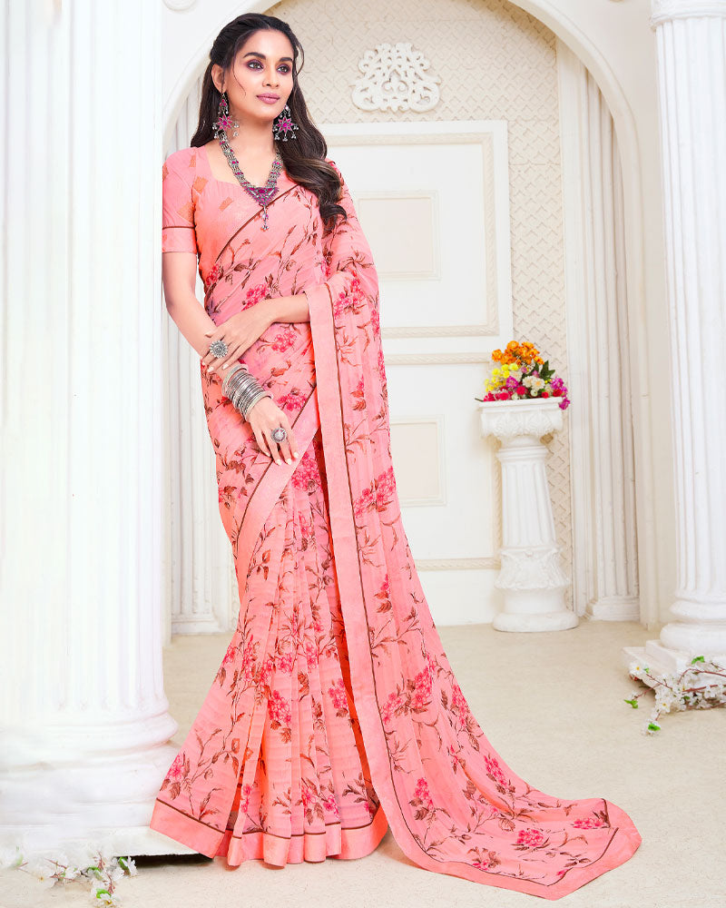 Vishal Prints Pink Patterned Georgette Printed Saree With Fancy Border