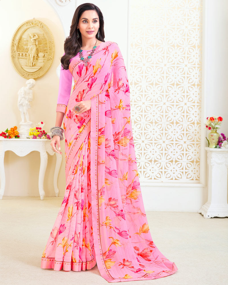 Vishal Prints Mustard Patterned Georgette Printed Saree With Fancy Border