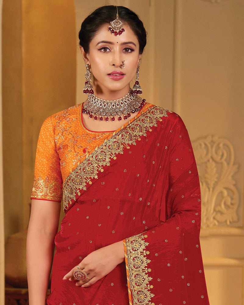 Vishal Prints Chili Red Designer Fancy Organza Saree With Embroidery-Diamond Work And Border