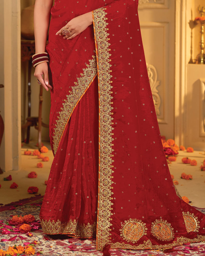 Vishal Prints Chili Red Designer Fancy Organza Saree With Embroidery-Diamond Work And Border