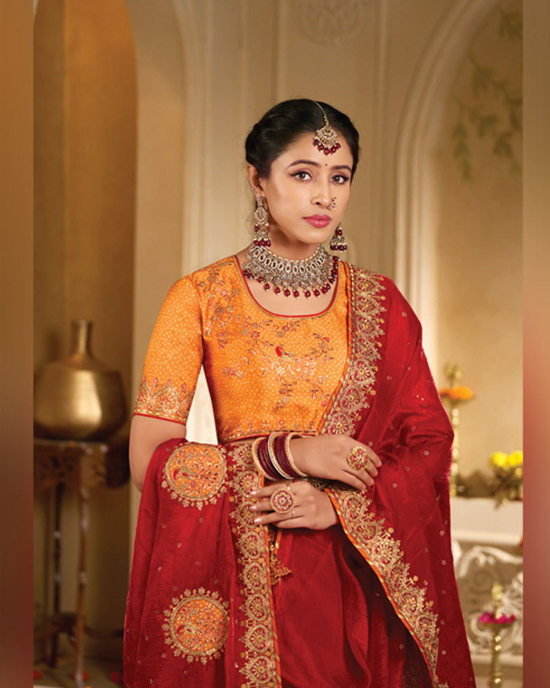 Vishal Prints Chili Red Designer Fancy Organza Saree With Embroidery-Diamond Work And Border