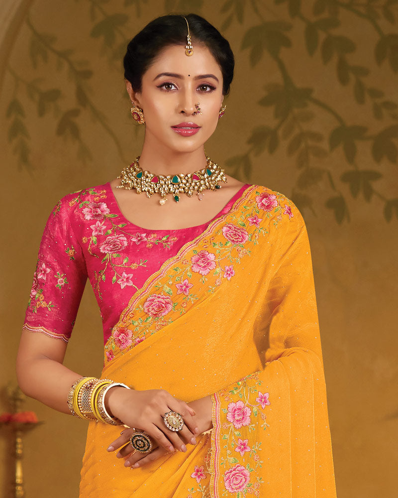 Vishal Prints Orangey Yellow Designer Fancy Organza Saree With Embroidery-Diamond Work And Cut Work Border