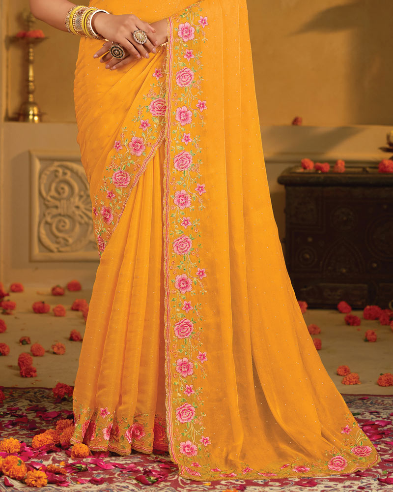 Vishal Prints Orangey Yellow Designer Fancy Organza Saree With Embroidery-Diamond Work And Cut Work Border