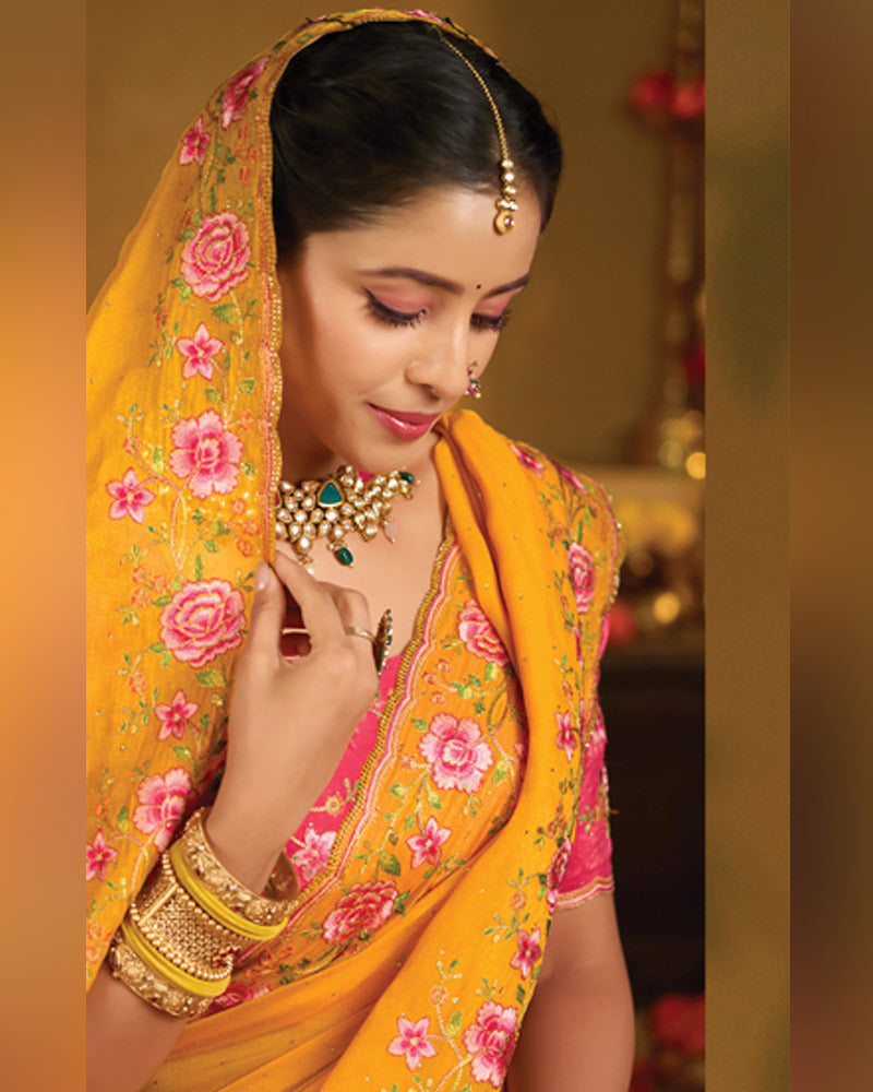 Vishal Prints Orangey Yellow Designer Fancy Organza Saree With Embroidery-Diamond Work And Cut Work Border
