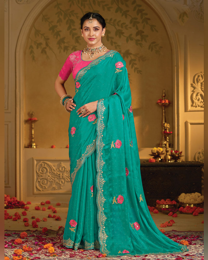 Vishal Prints Persian Green Designer Fancy Satin Saree With Embroidery-Diamond Work And Cut Work Border