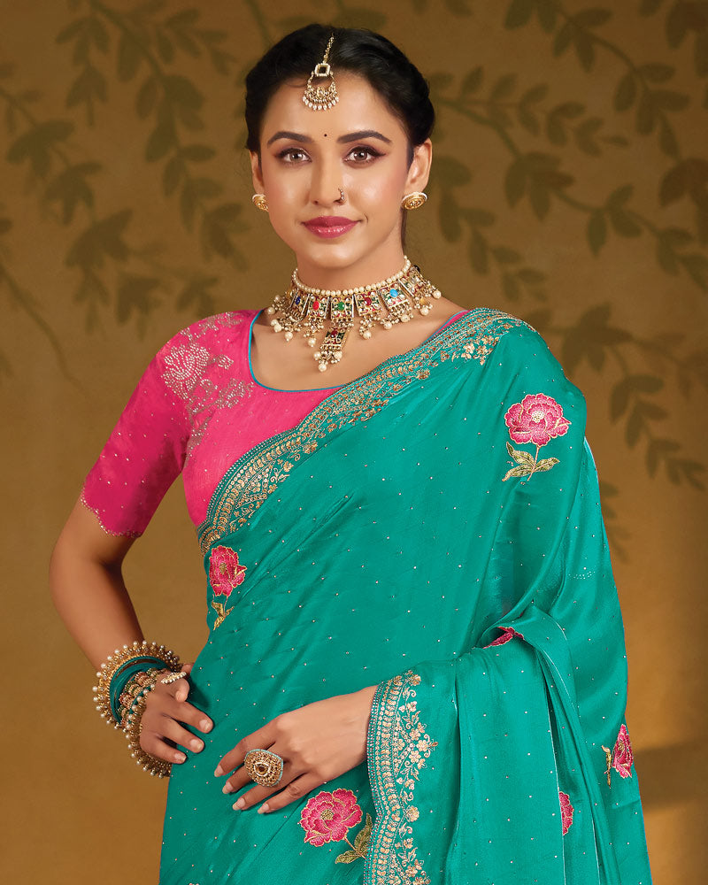 Vishal Prints Persian Green Designer Fancy Satin Saree With Embroidery-Diamond Work And Cut Work Border