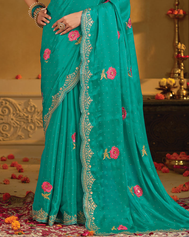 Vishal Prints Persian Green Designer Fancy Satin Saree With Embroidery-Diamond Work And Cut Work Border