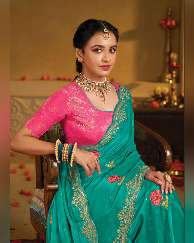 Vishal Prints Persian Green Designer Fancy Satin Saree With Embroidery-Diamond Work And Cut Work Border