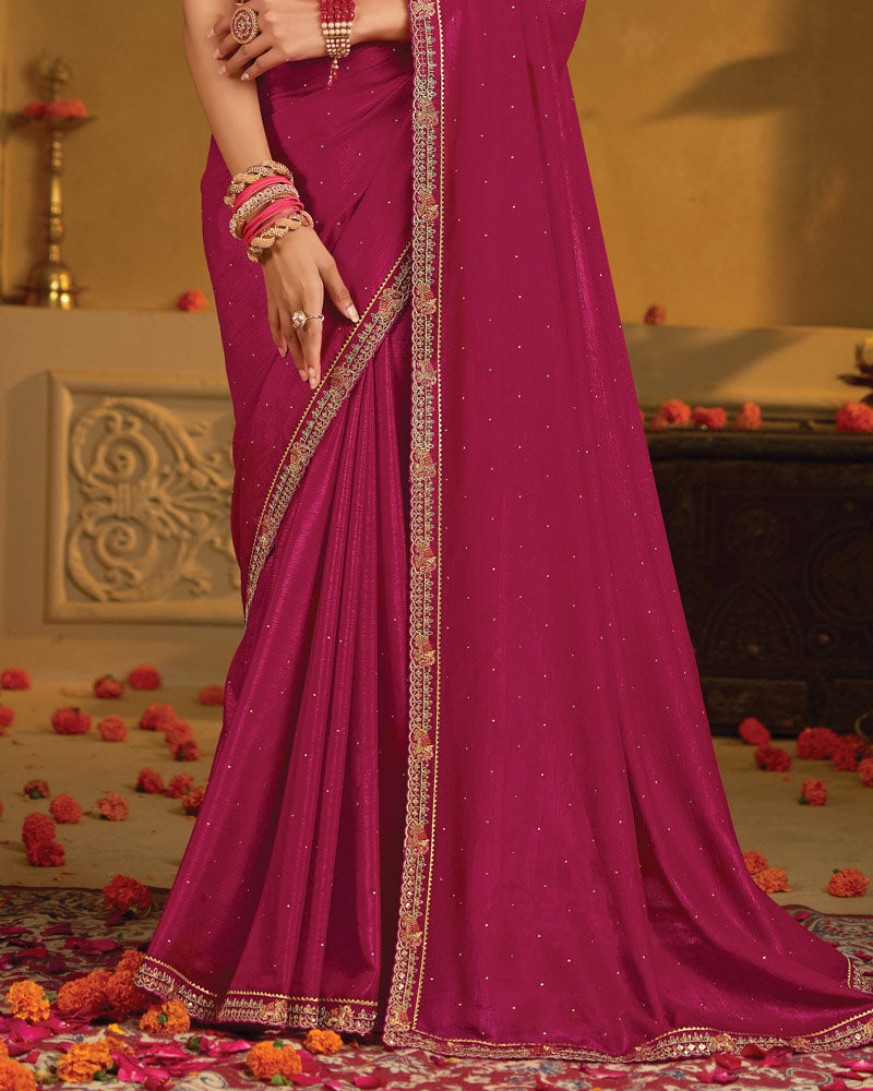Vishal Prints Purplish Red Designer Fancy Organza Saree With Embroidery-Diamond Work And Cut Work Border