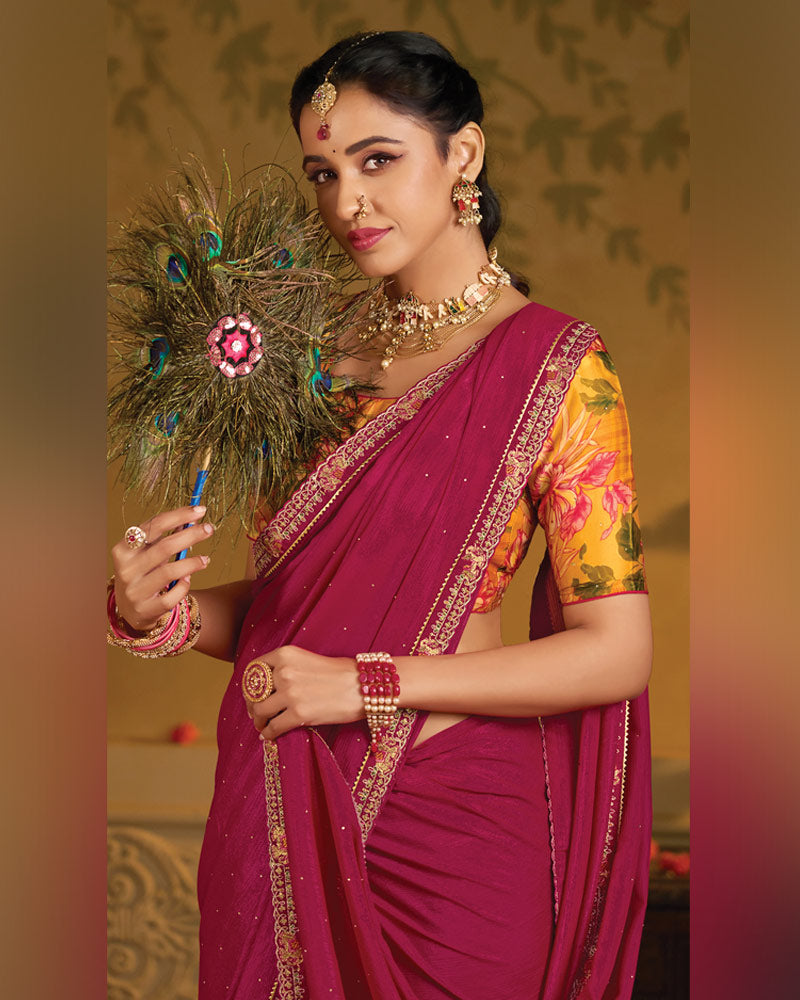 Vishal Prints Purplish Red Designer Fancy Organza Saree With Embroidery-Diamond Work And Cut Work Border