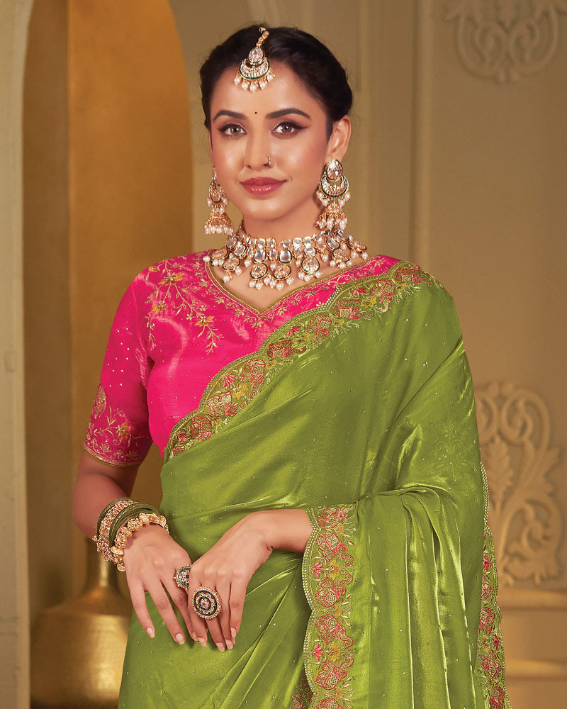 Vishal Prints Mehandi Green Designer Fancy Satin Saree With Embroidery-Diamond Work And Cut Work Border
