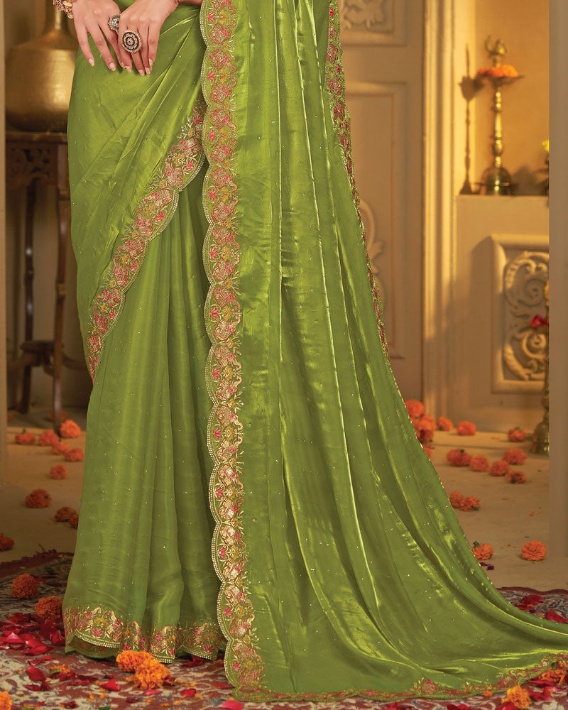 Vishal Prints Mehandi Green Designer Fancy Satin Saree With Embroidery-Diamond Work And Cut Work Border