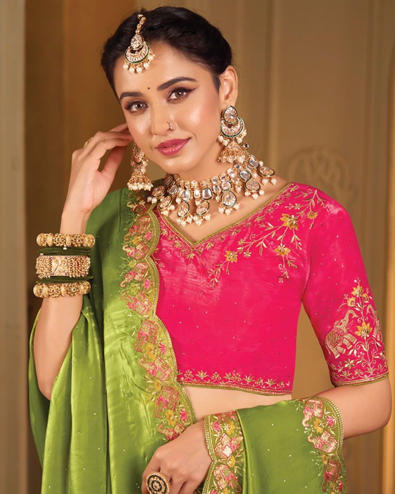 Vishal Prints Mehandi Green Designer Fancy Satin Saree With Embroidery-Diamond Work And Cut Work Border
