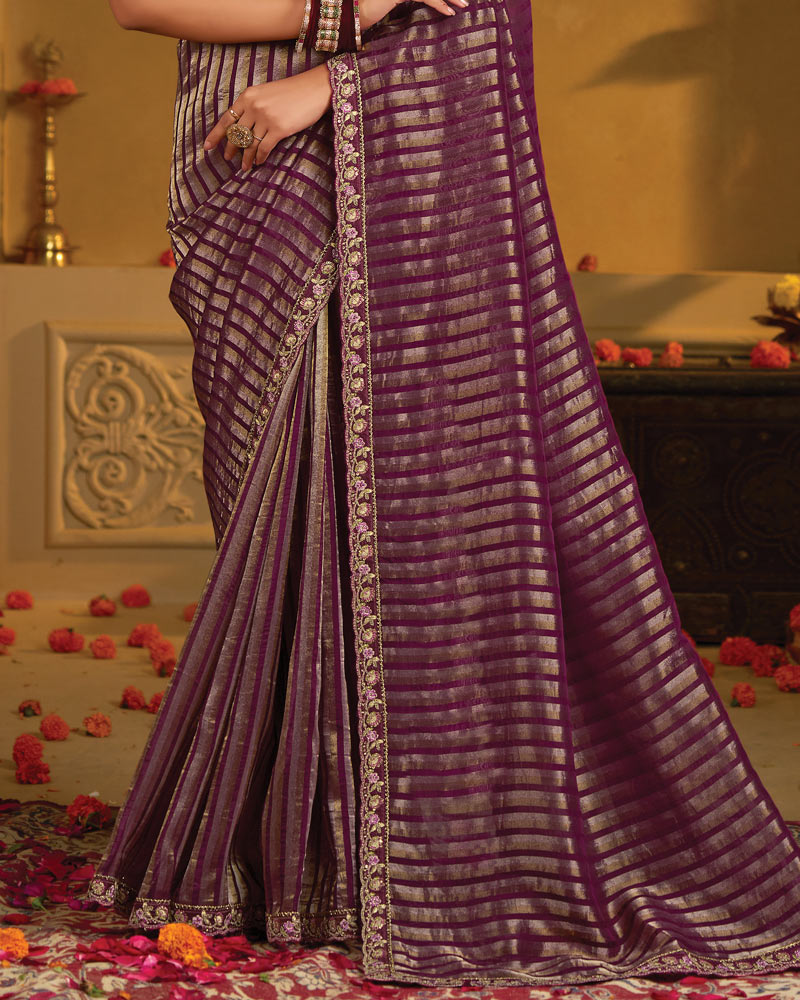 Vishal Prints Wine Designer Fancy Organza Saree With Embroidery-Diamond Work And Cut Work Border