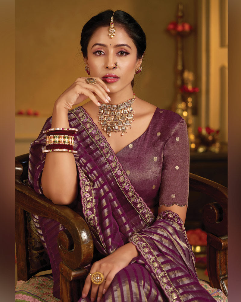 Vishal Prints Wine Designer Fancy Organza Saree With Embroidery-Diamond Work And Cut Work Border