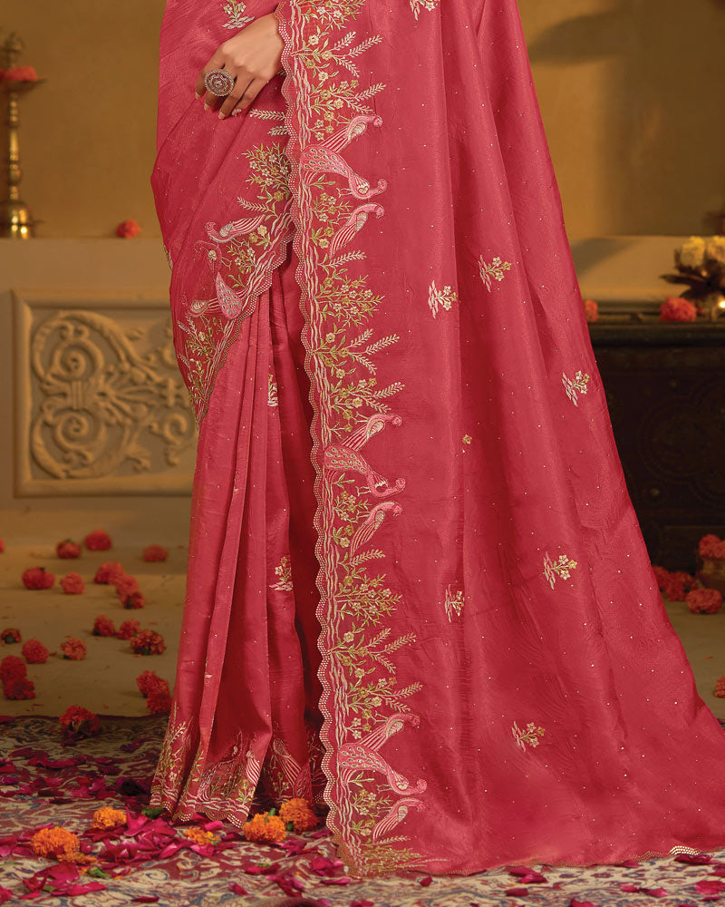 Vishal Prints Dusty Red Designer Fancy Organza Saree With Embroidery-Diamond Work And Cut Work Border