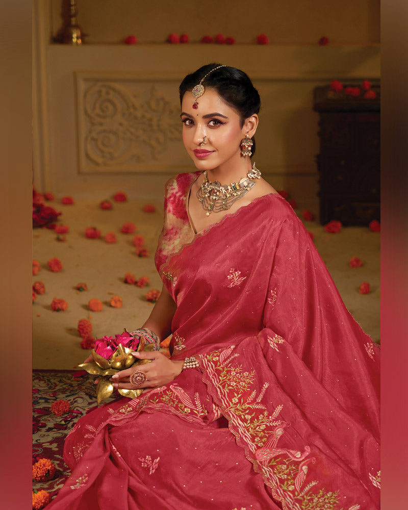 Vishal Prints Dusty Red Designer Fancy Organza Saree With Embroidery-Diamond Work And Cut Work Border