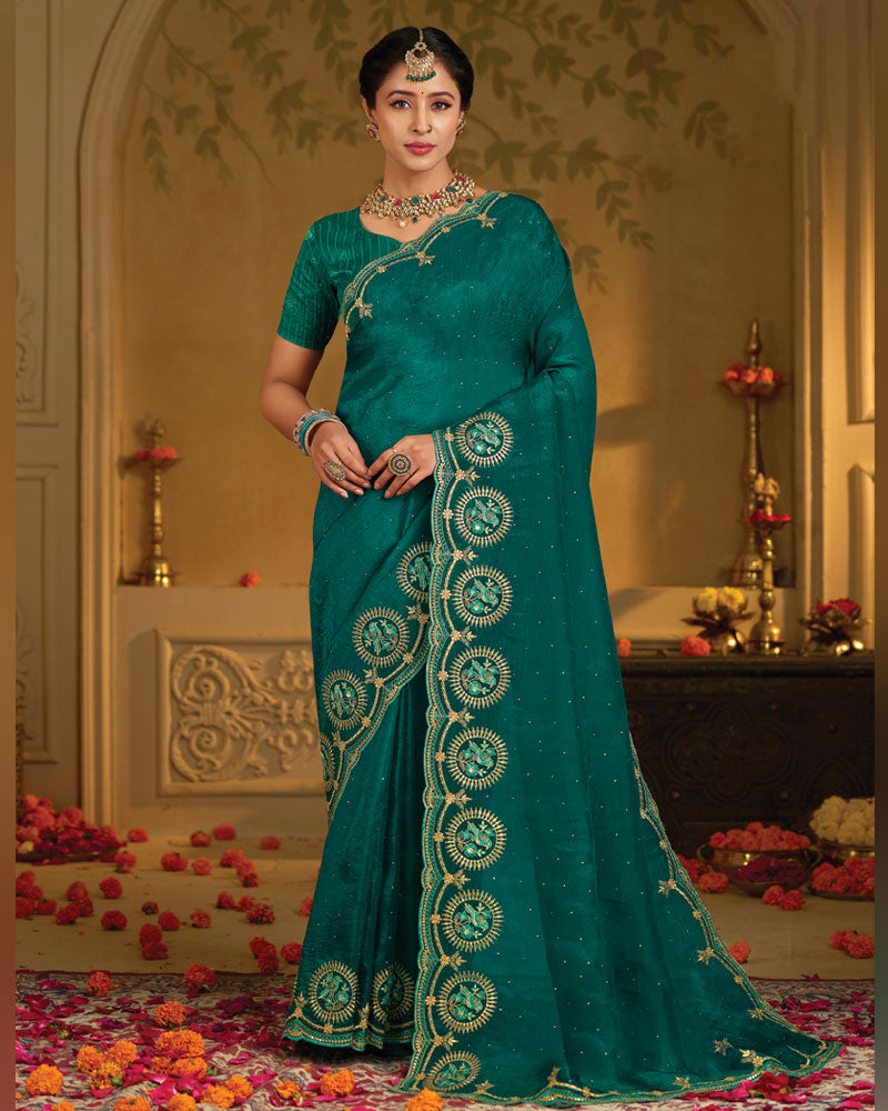 Vishal Prints Deep Sea Green Designer Fancy Organza Saree With Embroidery-Diamond Work And Cut Work Border