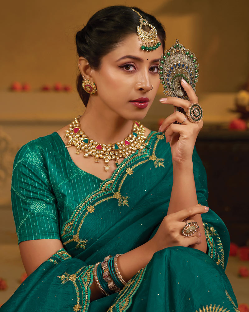 Vishal Prints Deep Sea Green Designer Fancy Organza Saree With Embroidery-Diamond Work And Cut Work Border