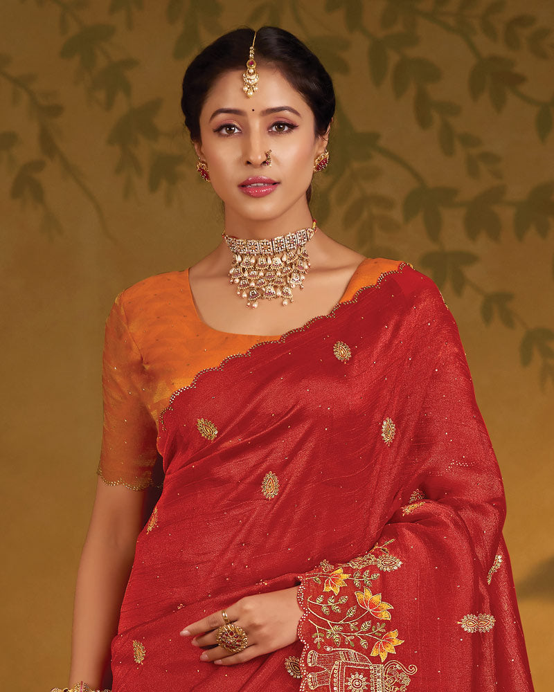 Vishal Prints Cardinal Red Designer Fancy Organza Saree With Embroidery-Diamond Work And Cut Work Border