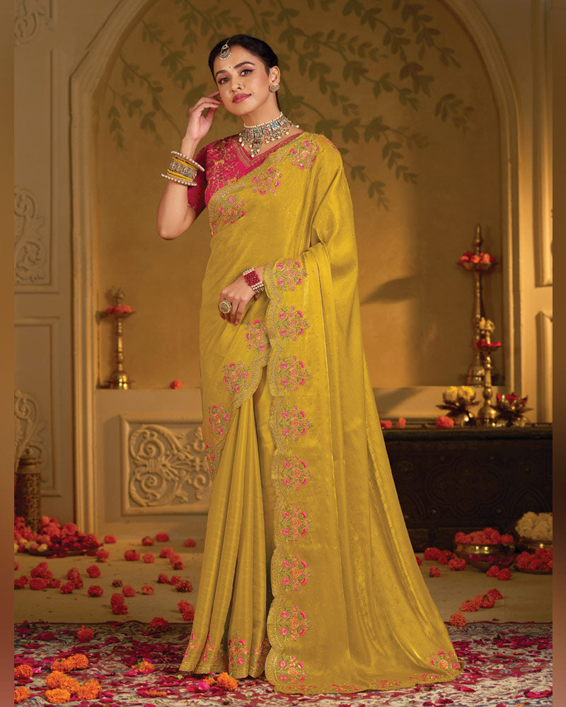 Vishal Prints Brown Yellow Designer Fancy Satin Saree With Embroidery-Diamond Work And Cut Work Border