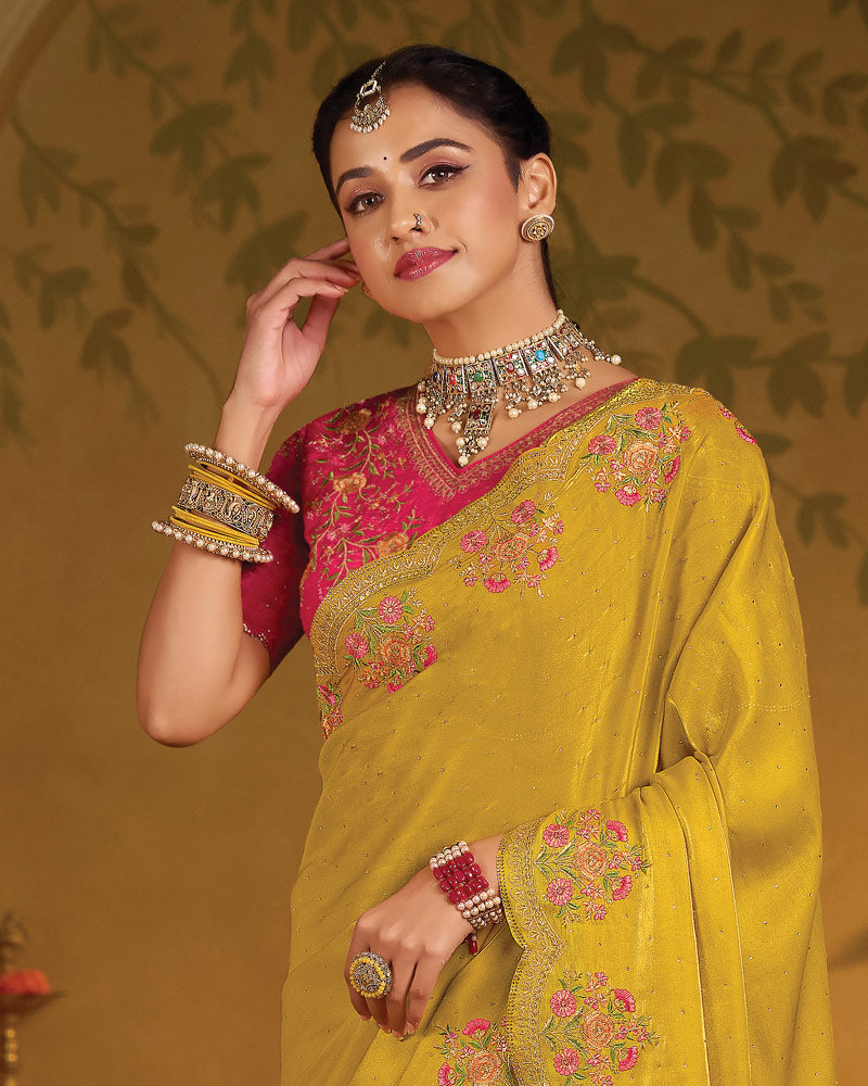 Vishal Prints Brown Yellow Designer Fancy Satin Saree With Embroidery-Diamond Work And Cut Work Border