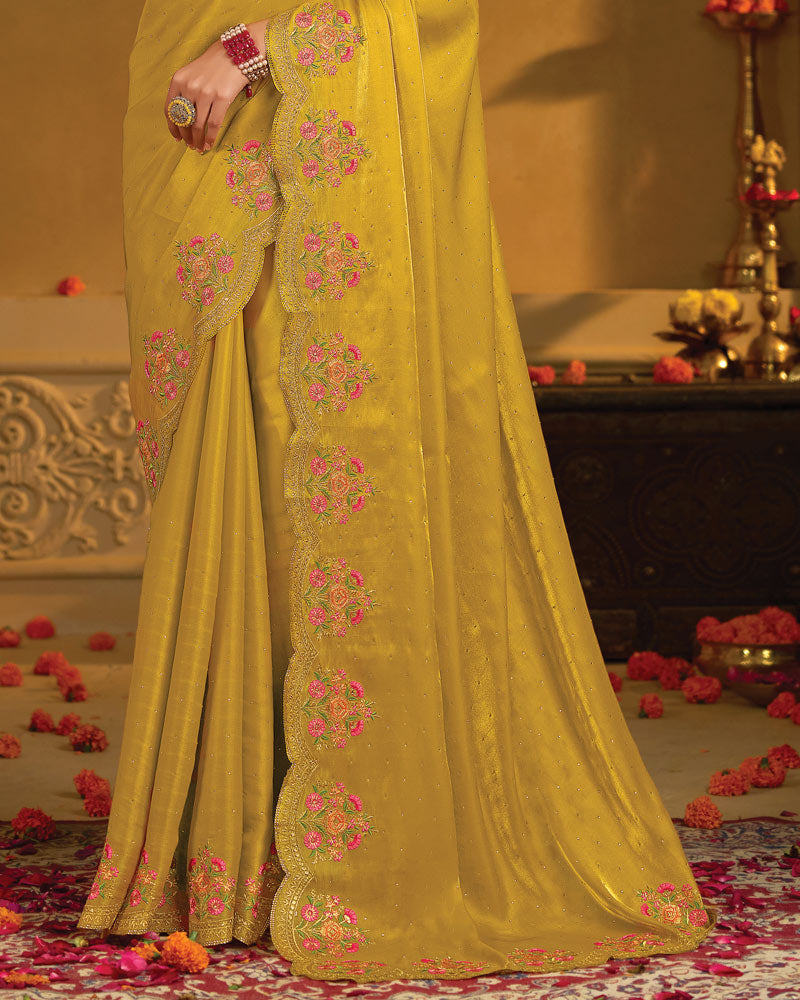 Vishal Prints Brown Yellow Designer Fancy Satin Saree With Embroidery-Diamond Work And Cut Work Border
