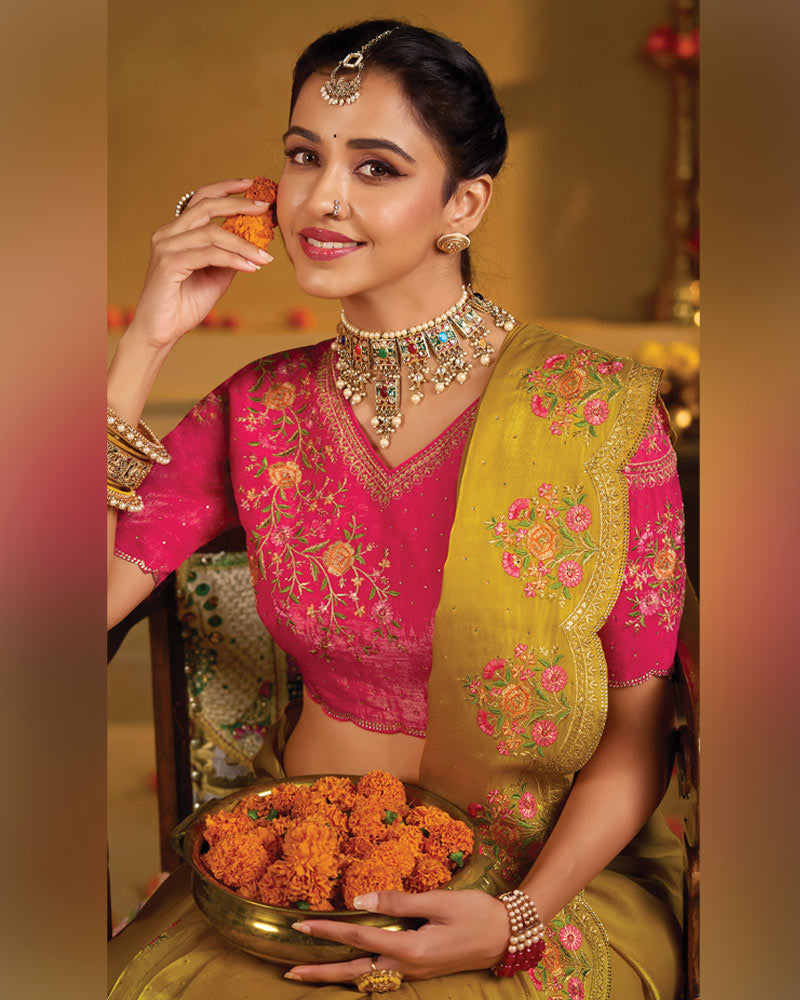 Vishal Prints Brown Yellow Designer Fancy Satin Saree With Embroidery-Diamond Work And Cut Work Border
