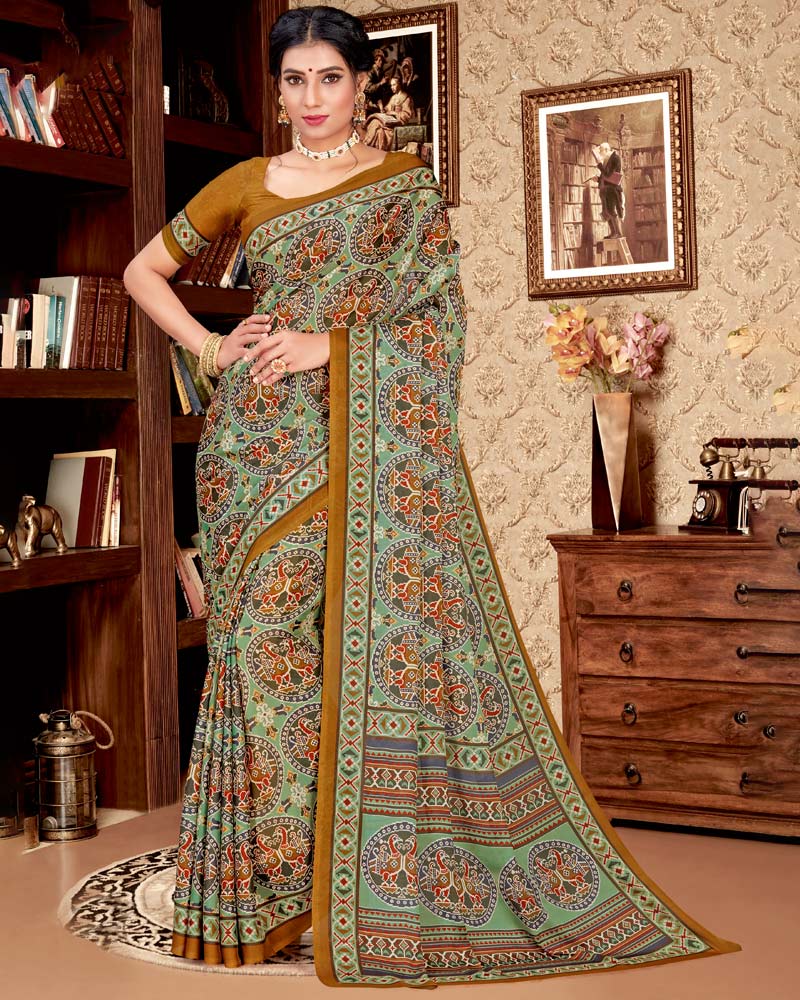 Vishal Prints Greyish Green Digital Print Criva Crepe Saree