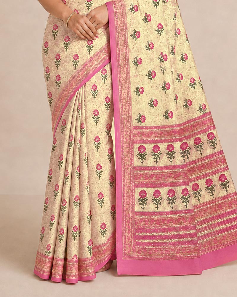 Vishal Prints Cream-Yellow And Blush Pink Digital Print Criva Moss Saree