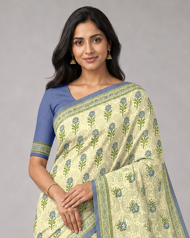 Vishal Prints Cream-Yellow And Blue Grey Digital Print Criva Moss Saree