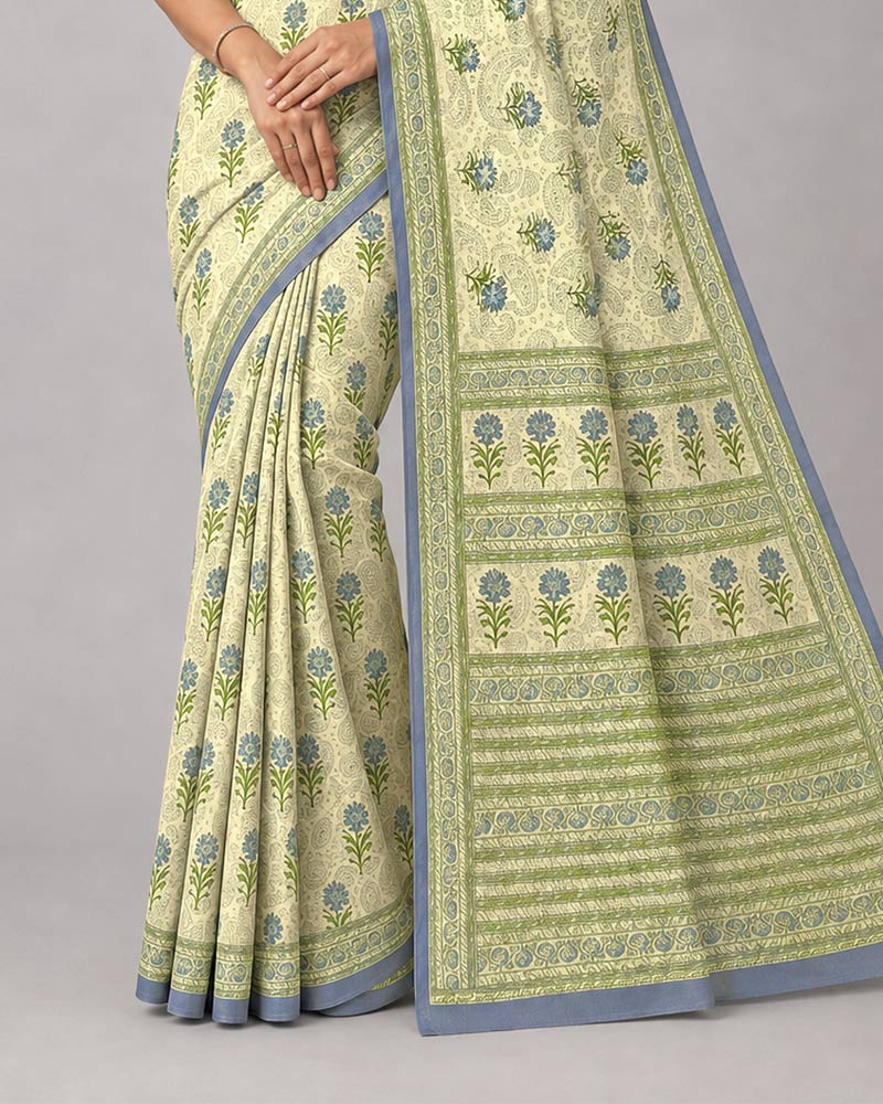 Vishal Prints Cream-Yellow And Blue Grey Digital Print Criva Moss Saree